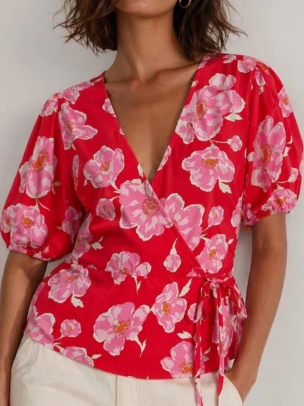 Old Navy Floral Puff Sleeve Peplum Wrap Top Waist Defining Tie XL Red Pink